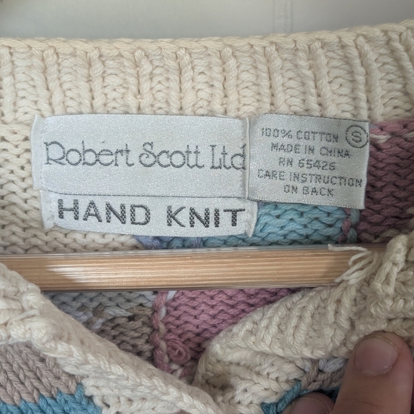 Vintage Robert Scott Ltd Handknit Patchwork Multicolor Cotton Grandpa Cardigan - Picture 4 of 6